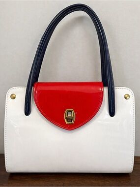 Vintage 1960s Patent Leather Colorblock Handbag Navy Red White Mod Top Handle